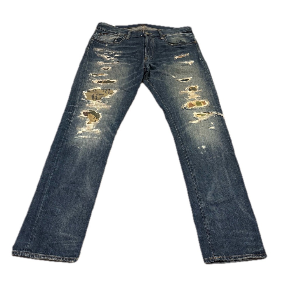 Polo Ralph Lauren Sullivan Slim Distressed Camo Patch Jeans 32x32 Mens Dark Wash